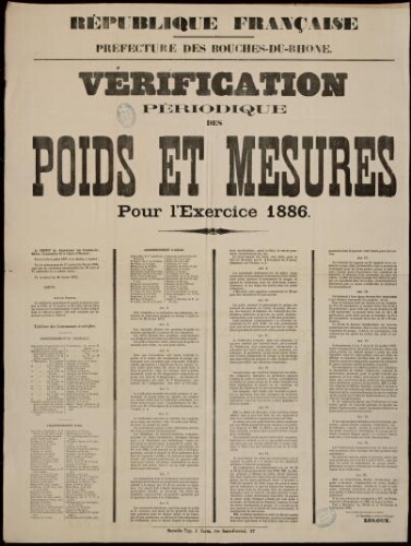 Vérification périodique des poids et mesures pour l'exercice 1886 / Préfecture des Bouches-du-Rhône