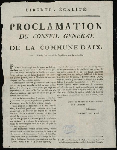 Proclamation du conseil général de la commune d'Aix . Plusieurs citoyens qui ont des grains au-delà du nécessaire...
