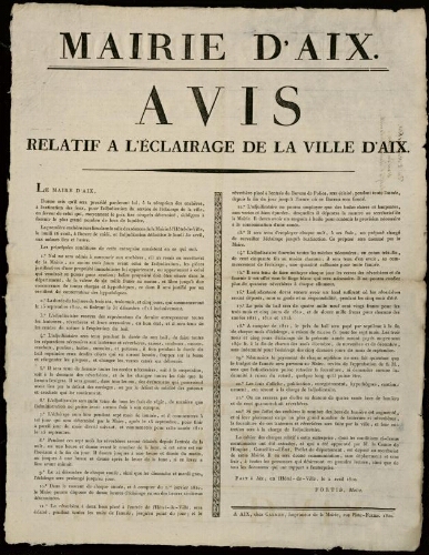 Avis relatif à l'éclairage de la ville d'Aix / Mairie d'Aix