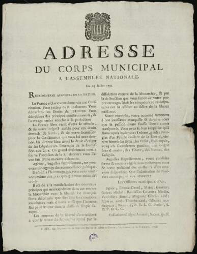 Adresse du corps municipal à l'Assemblée nationale. Du 23 juillet 1791 / [Mairie d’Aix]