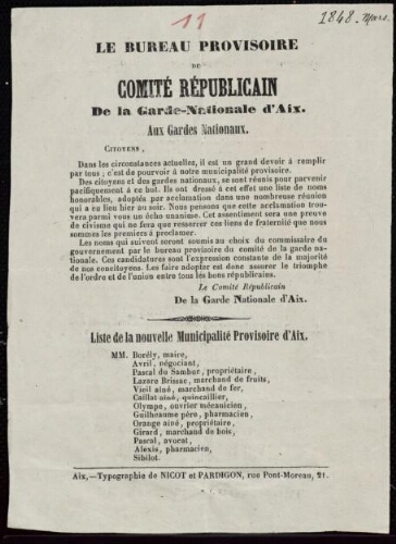 Le Bureau provisoire du comité républicain de la Garde nationale d'Aix, aux gardes nationaux....
