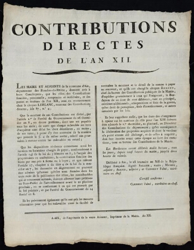 Contributions directes de l'an XII.... les rôles de contributions … sont en recouvrement chez le citoyen Leblanc / Mairie d'Aix