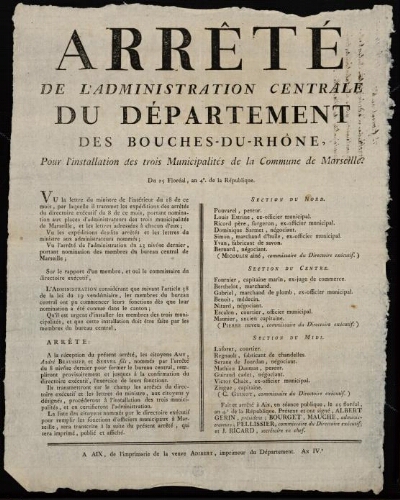Arrêté de l'Administration centrale du département des Bouches-du-Rhône, pour l'installation des trois Municipalité de la Commune de Marseille