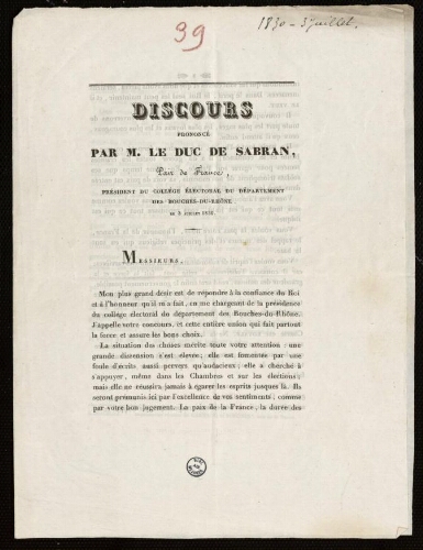 Discours prononcé par M. le Duc de Sabran, Pair de France, président du collège électoral du Département des Bouches-du-Rhône, le 3 juillet 1830