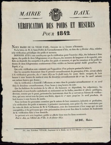 Vérification des poids et mesures pour l’année 1842 / Mairie d'Aix