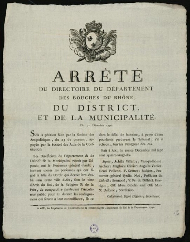 Arrêté du Directoire du département des Bouches-du-Rhône, du District et de la municipalité. Du 30 décembre 1790