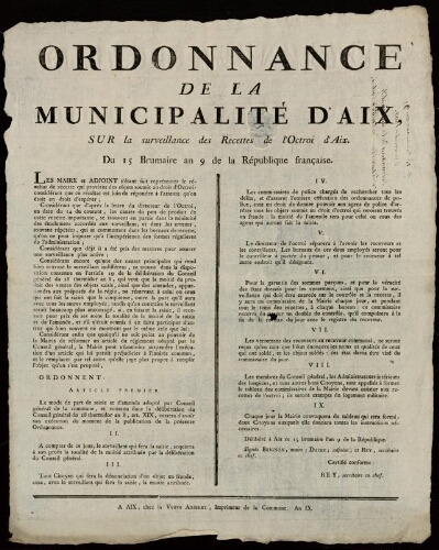 Ordonnance de la municipalité d'Aix, sur la surveillance du droit de l'octroi d'Aix