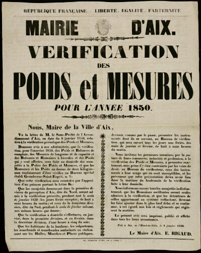 Vérification des poids et mesures pour l'année 1850 / Mairie d'Aix