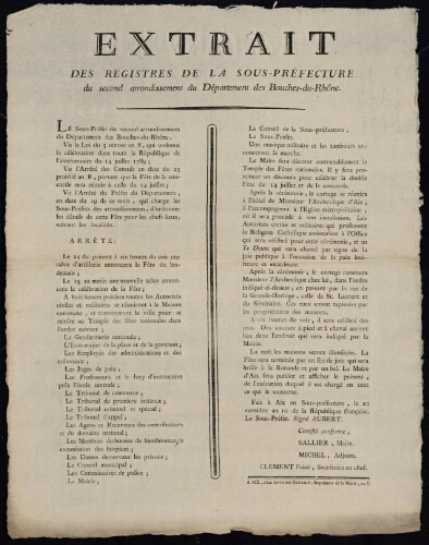Extrait des registres de la sous-préfecture du second arrondissement du département des Bouches-du-Rhône... célébration dans toute la République de l’anniversaire du 14 juillet 1789