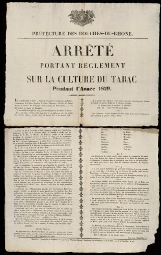 Arrêté portant règlement sur la culture du tabac pendant l'année 1829 / Préfecture des Bouches-du-Rhône