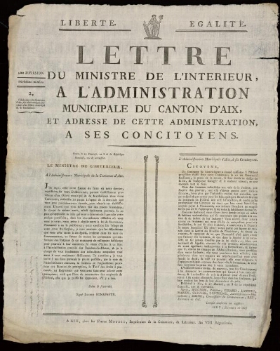 Lettre du ministre de l'Intérieur [Lucien Bonaparte] à l'administration municipale du canton d'Aix et adresse de cette administration à ces concitoyens