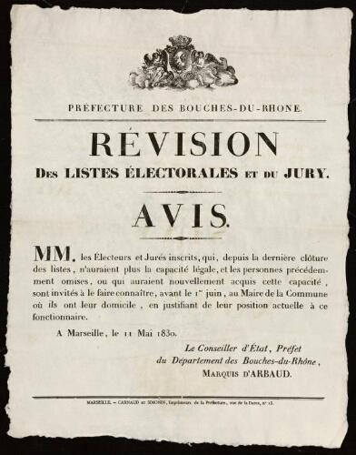 Révision des listes électorales et du jury. Avis / Préfecture des Bouches-du-Rhône