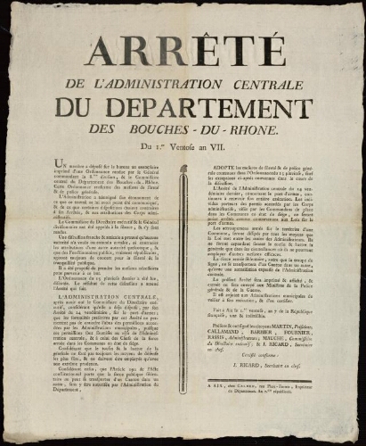 Arreté de l'Administration centrale du département des Bouches-du-Rhône du 1er ventose an VII
