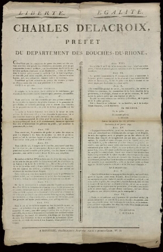 Charles Delacroix, préfet du département des Bouches-du-Rhône... A compter du 30 fructidor, toute permission de port d’armes...
