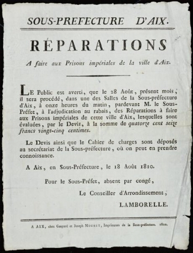 Réparations à faire aux prisons impériales de la ville d'Aix / Sous-Préfecture d'Aix