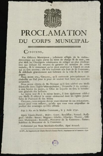 Proclamation du corps municipal. Citoyens... / [Mairie d’Aix]