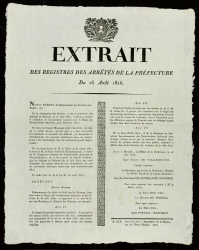 Extrait des registres des arrêtés de la préfecture du 16 août 1816. / Préfecture des Bouches-du-Rhône