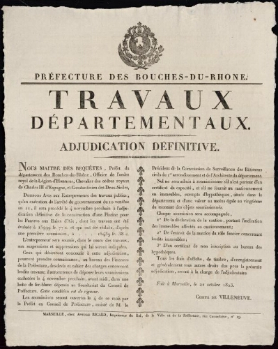 Travaux départementaux. Adjudication définitive / Préfecture des Bouches-du-Rhône