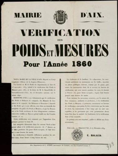 Vérification des poids et mesures pour l'année 1860 / Mairie d'Aix