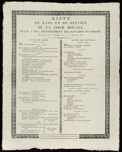 Liste de rang et de service de la Cour royale d'Aix, département des Bouches-du-Rhône, pour servir du 1.er novembre 1817, au 1.er novembre 1818