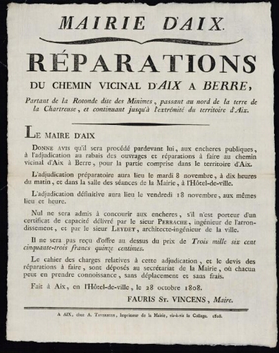 Réparations du chemin vicinal d'Aix à Berre, partant de la Rotonde dite des Minimes, passant au nord de la terre de la Chartreuse, et continuant jusqu'à l'extrémité du territoire d'Aix. / Mairie d'Aix