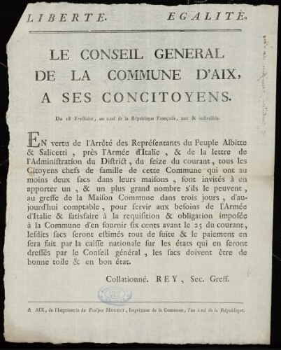 Le conseil général de la commune d'Aix, à ses concitoyens / [Mairie d'Aix]