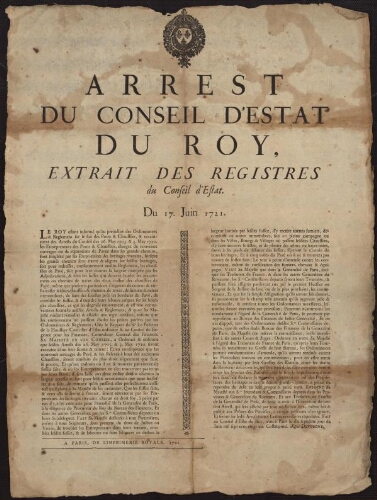 Arrest du Conseil d'Estat du Roy, extrait des registres du Conseil d'Estat du 17 juin 1721