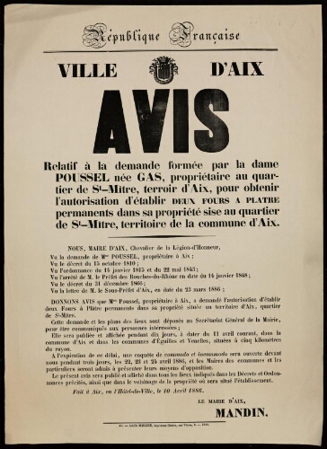 Avis relatif à la demande formée par la dame Poussel, propriétaire au quartier de Saint-Mître, terroir d'Aix, pour obtenir l'autorisation d'établir deux fours à plâtre permanents dans sa propriété … / Ville d’Aix