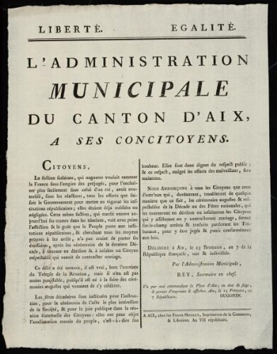 L'Administration municipale du canton d'Aix, à ses concitoyens