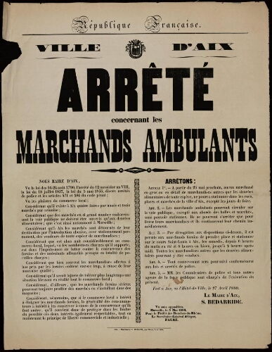 Arrêté concernant les marchands ambulants / Ville d’Aix
