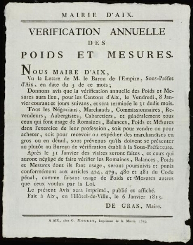 Vérification annuelle des poids et mesures / Mairie d'Aix