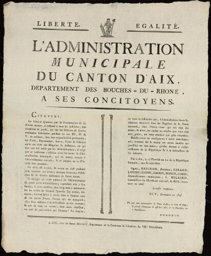L'Administration municipale du Canton d'Aix, Departement des Bouches-du-Rhône, à ses concitoyens