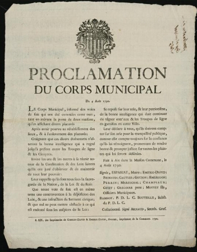 Proclamation du corps municipal. Du 4 août 1790 / [Mairie d’Aix]