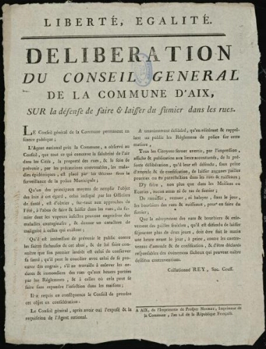 Délibération du Conseil général de la commune d'Aix, sur la défense de faire & laisser du fumier dans les rues