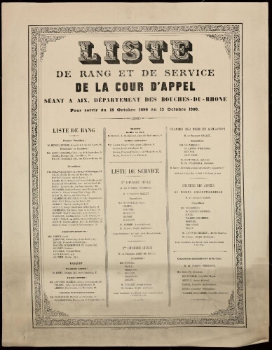 Liste de rang et de service de la cour d'appel séant à Aix, département des Bouches-du-Rhône pour servir du 15 octobre 1899 au 15 octobre 1900