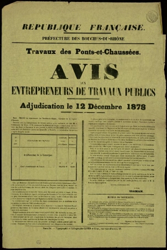 Travaux des Ponts-et-Chaussées : avis aux entrepreneurs de travaux publics. Adjudication du 12 décembre 1878 / Préfecture des Bouches-du-Rhône