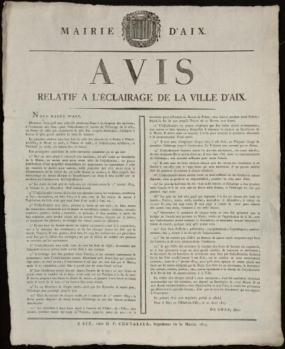 Avis relatif à l'éclairage de la ville d'Aix / Mairie d'Aix