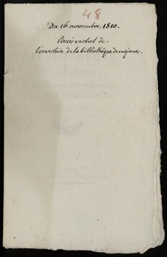 Ouverture de la bibliothèque de Méjanes, le seize novembre dix-huit cent dix, dans les salles de l'Hôtel de ville / Mairie d'Aix