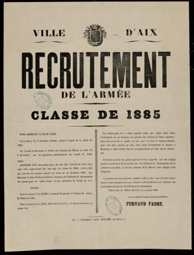 Recrutement de l'armée : classe de 1885 / Ville d’Aix