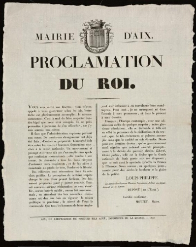 Proclamation du roi / Louis-Philippe ; Mairie d’Aix