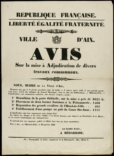 République française. Liberté, égalité, fraternité.... Avis sur la mise à adjudication de divers travaux communaux  / Ville d'Aix
