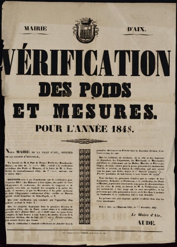 Vérification des poids et mesures pour l'année 1848 / Mairie d'Aix