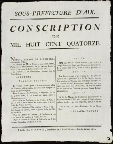 Conscription de 1814 / Sous-préfecture d'Aix