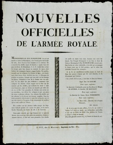 Nouvelles officielles de l'armée royale / Mairie d'Aix