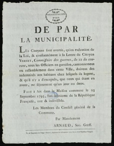 De par la municipalité / Conseil général de la commune d'Aix