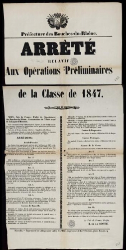 Arrêté relatif aux opérations préliminaires de la classe de 1847 / Préfecture des Bouches-du-Rhône