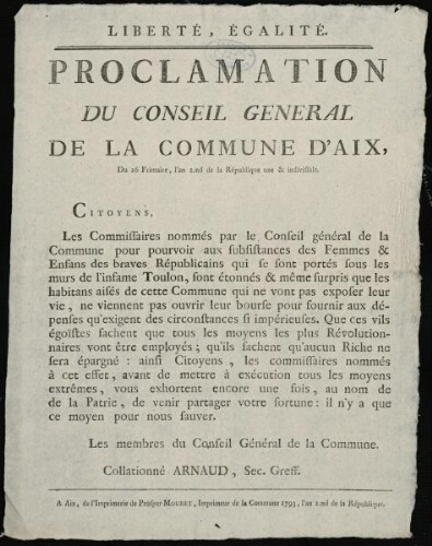 Proclamation du conseil général de la commune d'Aix