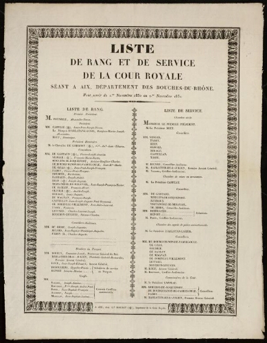 Liste de rang et de service de la Cour royale, séant à Aix, département des Bouches-du-Rhône, pour servir du 1er novembre 1830, au 1er novembre 1831