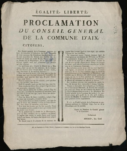 Proclamation du Conseil Général de la Commune d'Aix