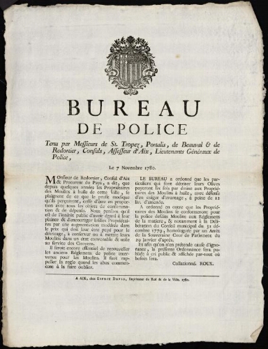 Bureau de police tenu par Messieurs de St. Tropez, Portalis, de Beauval & de Redortier, consuls, assesseur d'Aix, lieutenans généraux de police